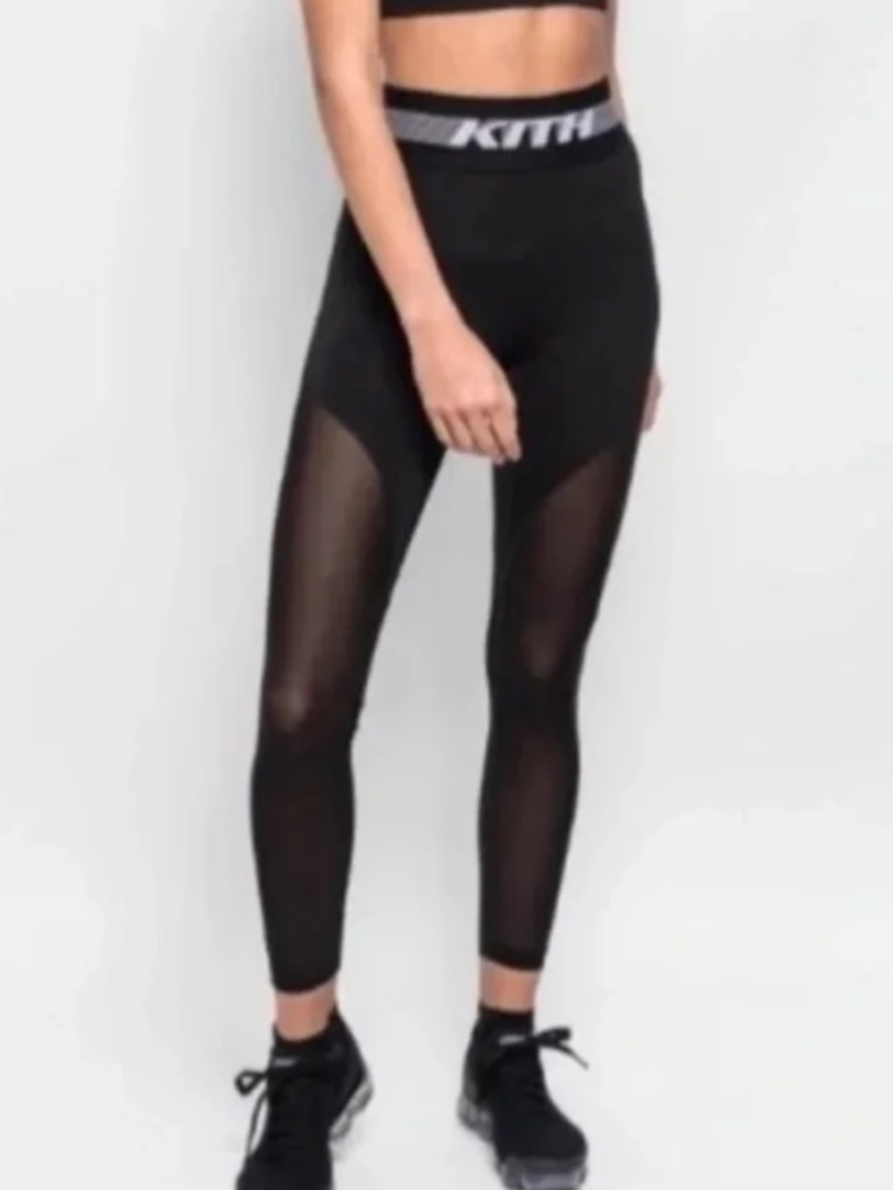 Kith Brand Black Mesh Panel Logo Waistband Compression Stretchy Sheer Leggings